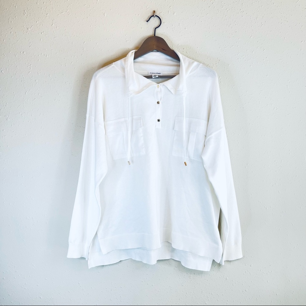 Calvin Klein Knit 3/4 Buttons & Drawstring Women’s White Sweater Sz L NWT